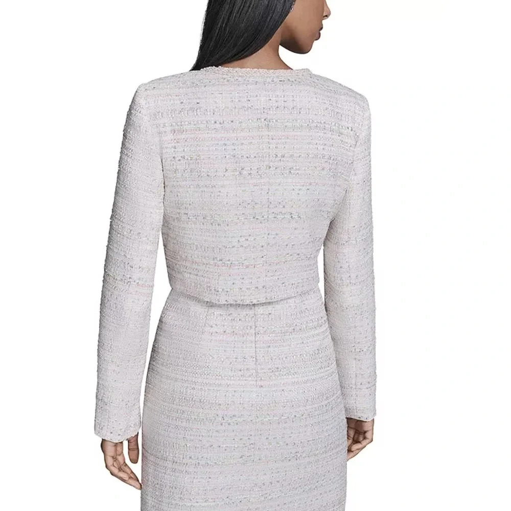 Karl Lagerfeld Cropped Tweed Jacket 14 White Ivory Chic Preppy Metallic Bride